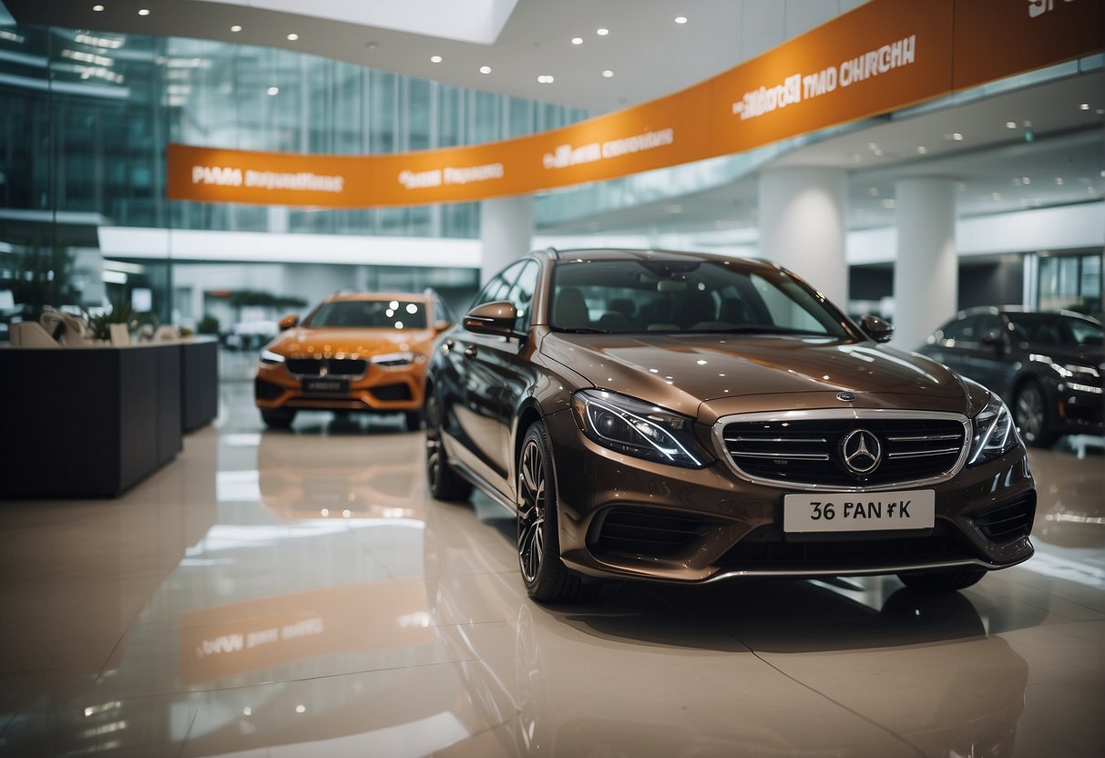 A car showroom with promotional banners, a display of featured vehicles, and a customer service desk in Singapore