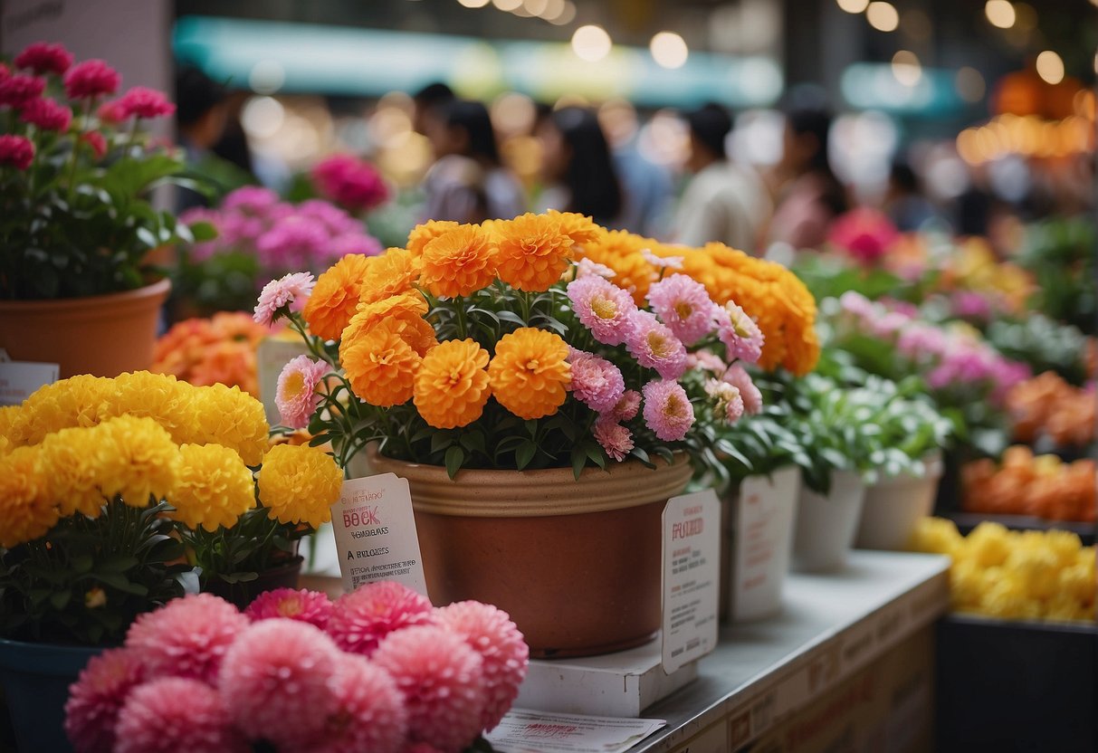 A colorful pot of blooming flowers with a "Frequently Asked Questions" sign and promotional materials in a bustling Singapore market