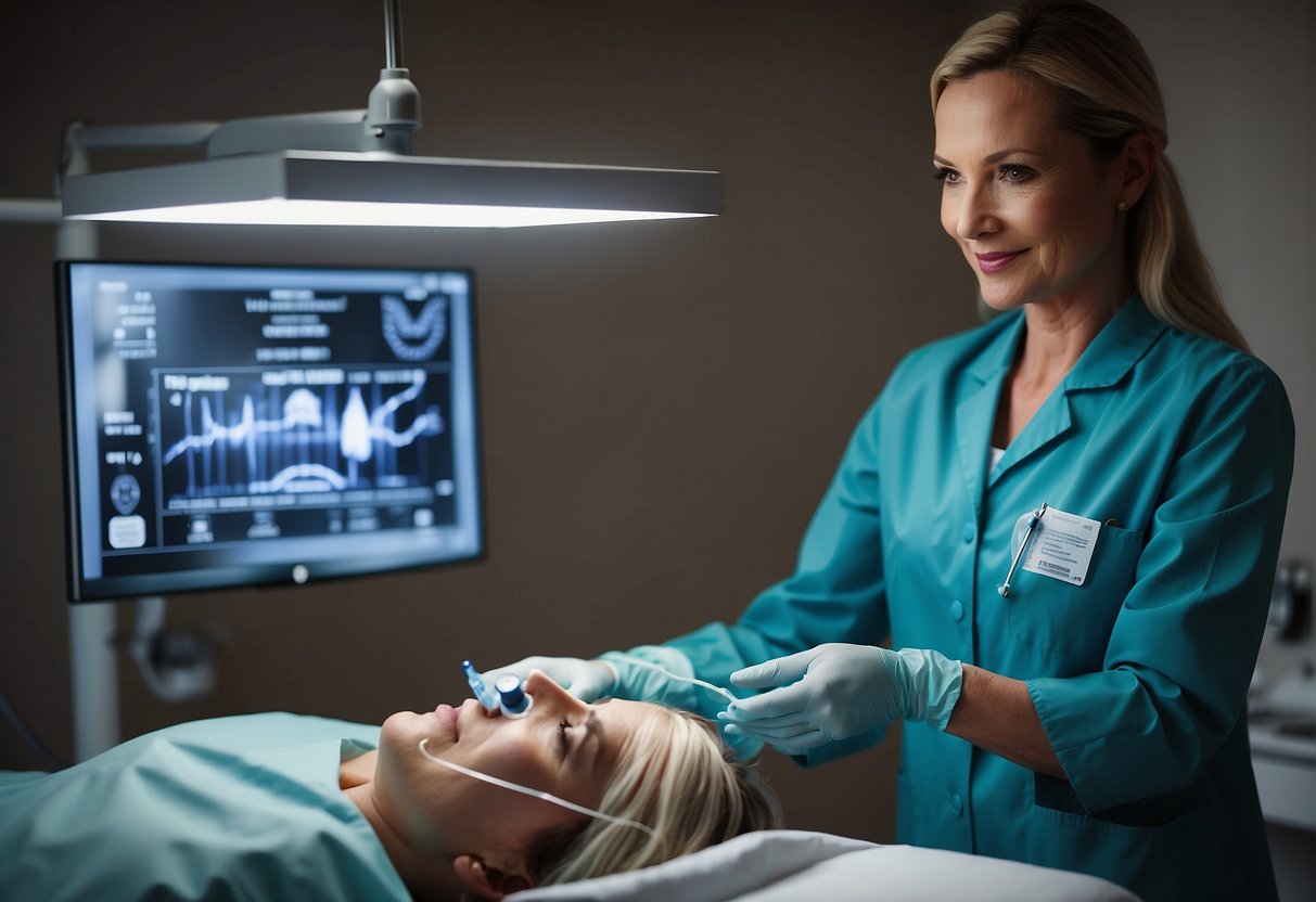 A doctor administers Botox injections in a well-lit clinic, with promotional materials displayed in the background