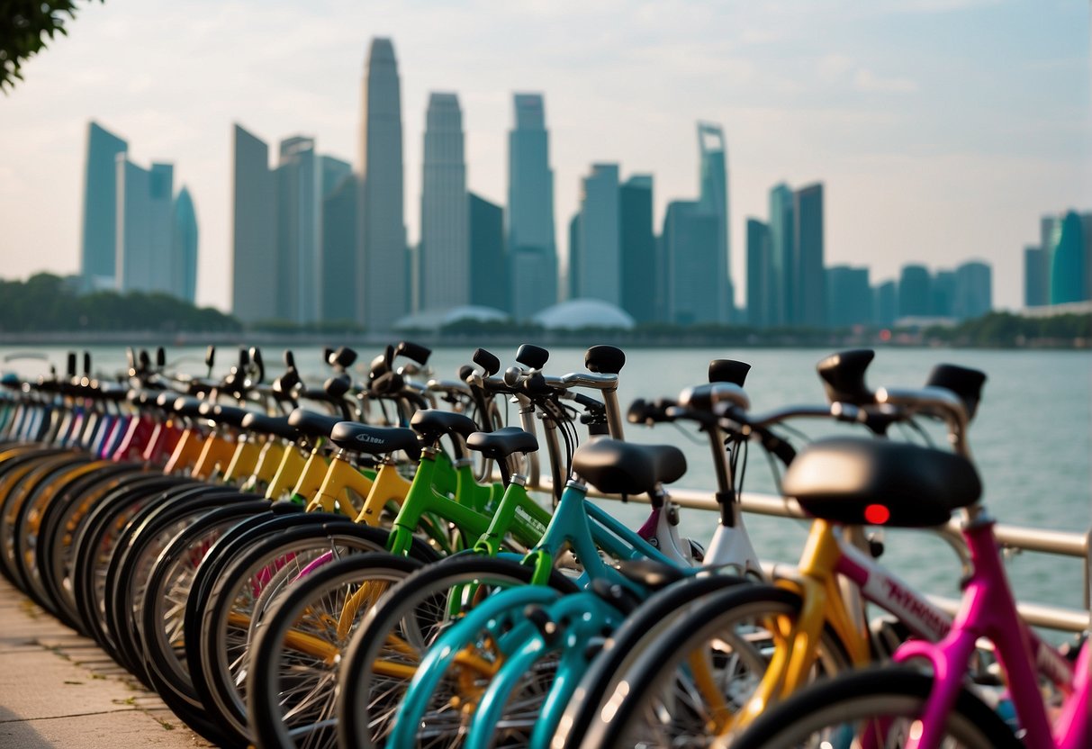 Colorful bikes lined up in a row against a backdrop of Singapore's iconic skyline, with a vibrant bike sharing promo sign in the foreground