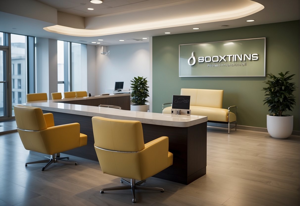 A bright, modern clinic setting with a prominent "Botox Promotions" sign, a reception desk, and a waiting area with comfortable chairs