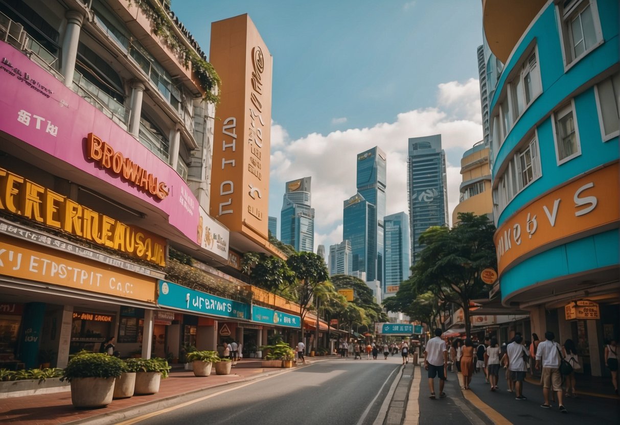 A vibrant cityscape with iconic landmarks in Singapore, featuring the Browhaus promotions signage prominently displayed in a bustling shopping district
