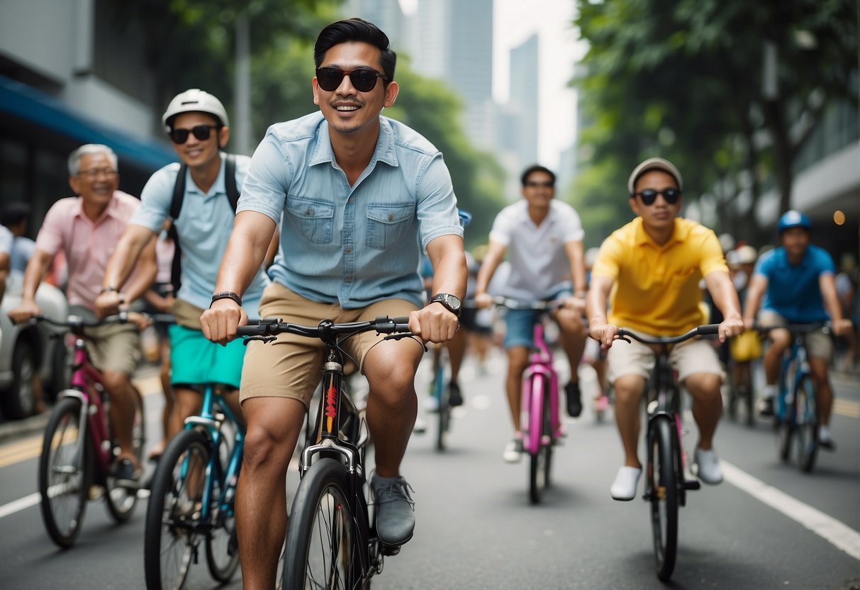 People riding colorful bikes through bustling Singapore streets. Iconic landmarks in the background. Bright, sunny day