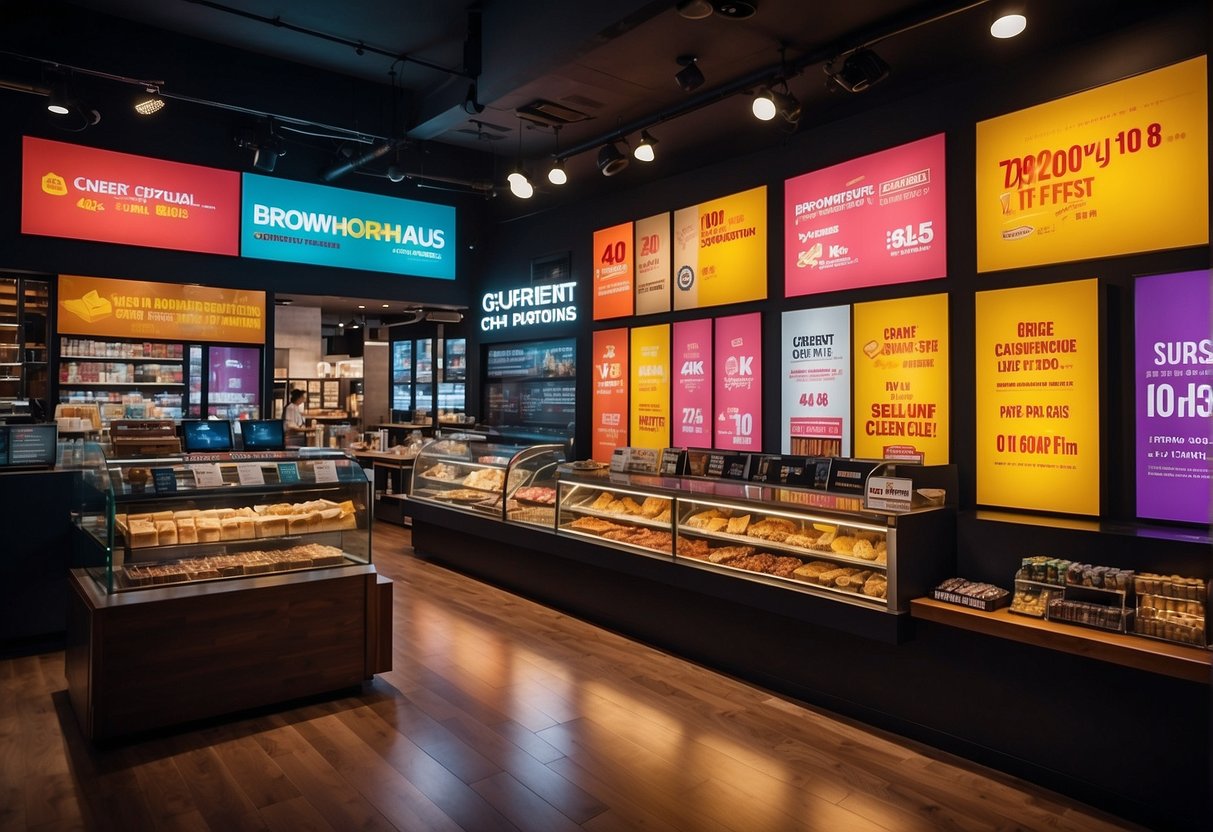 A vibrant display of "Current Promotions" signage at Browhaus Singapore. Bright colors and bold text draw attention to the enticing offers