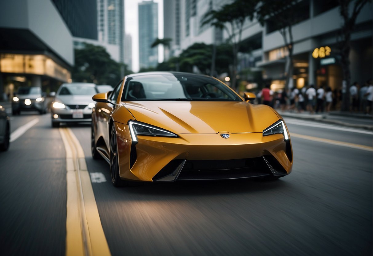 A sleek car with a mounted camera drives through the bustling streets of Singapore, capturing stunning cityscapes and promoting its advanced features