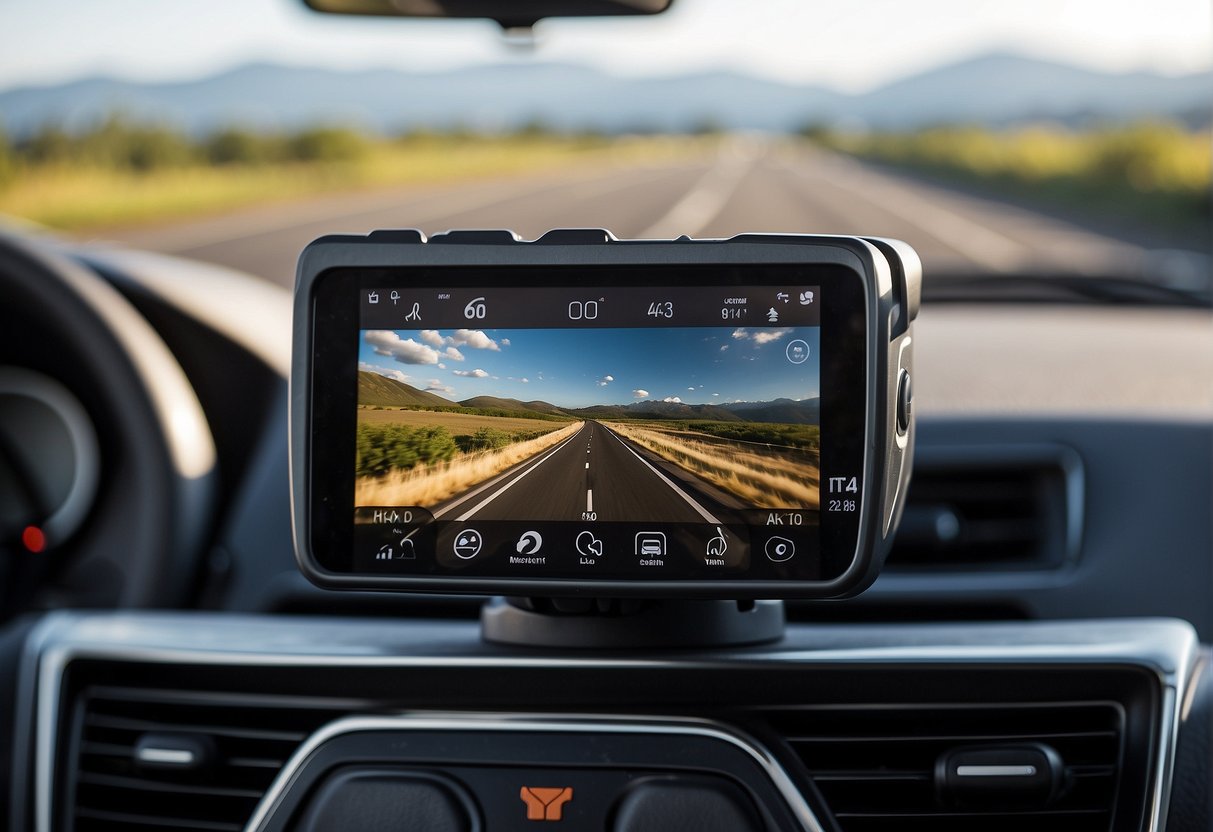 A car dashboard with a sleek, modern dashcam mounted on the windshield, showcasing its superior connectivity features