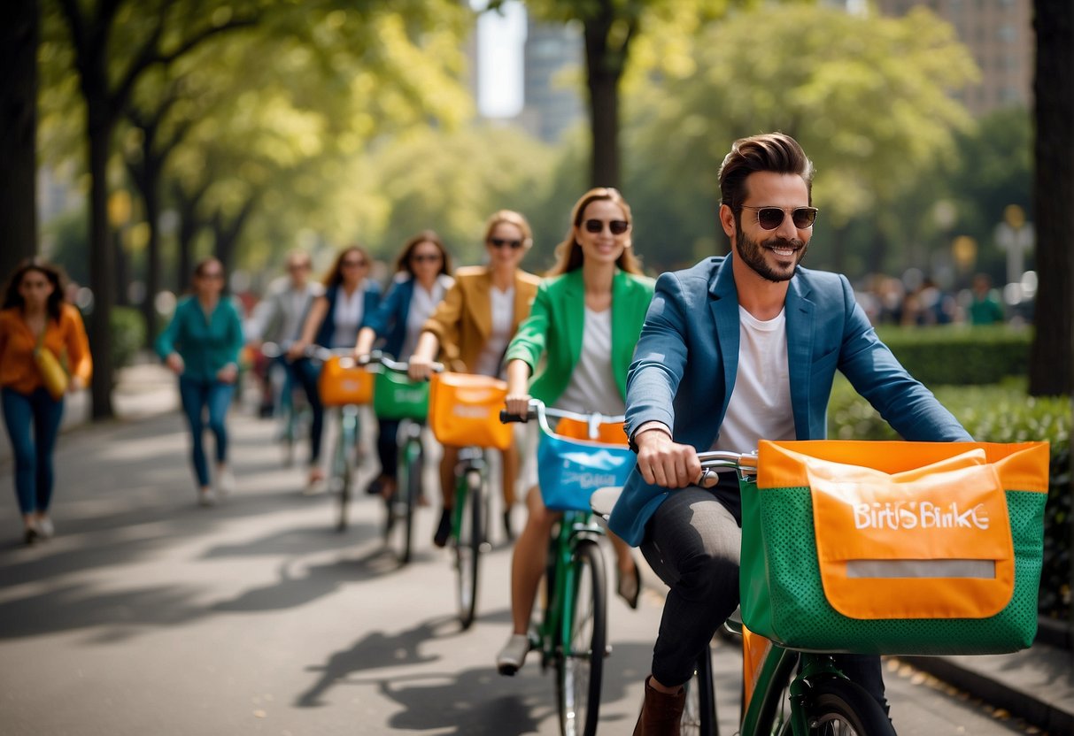 People are happily riding colorful bikes through a bustling city, with green parks and modern buildings in the background. The bike sharing logo is prominently displayed on the bikes and promotional banners