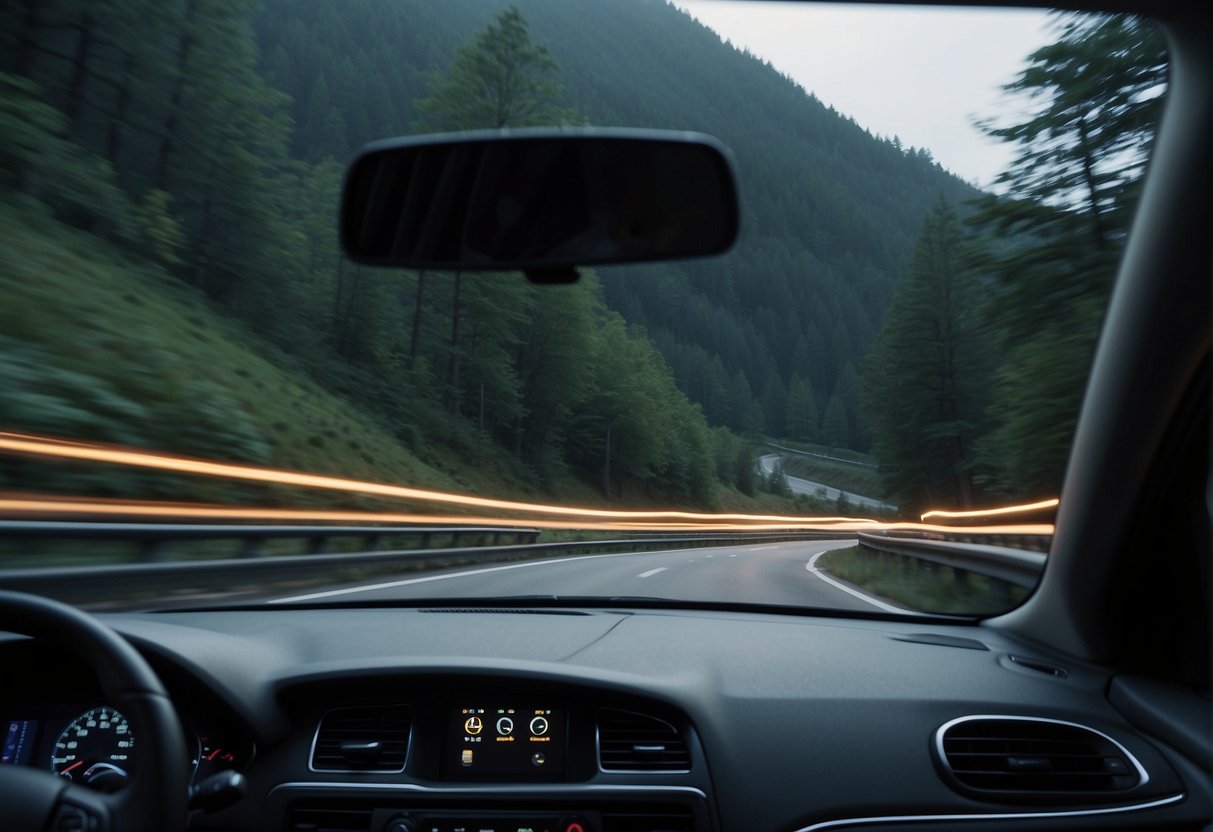 A car equipped with advanced dashcam technology drives through a dark, winding road. The camera captures clear, high-definition footage of the surroundings, highlighting the enhanced visibility and safety features of the system
