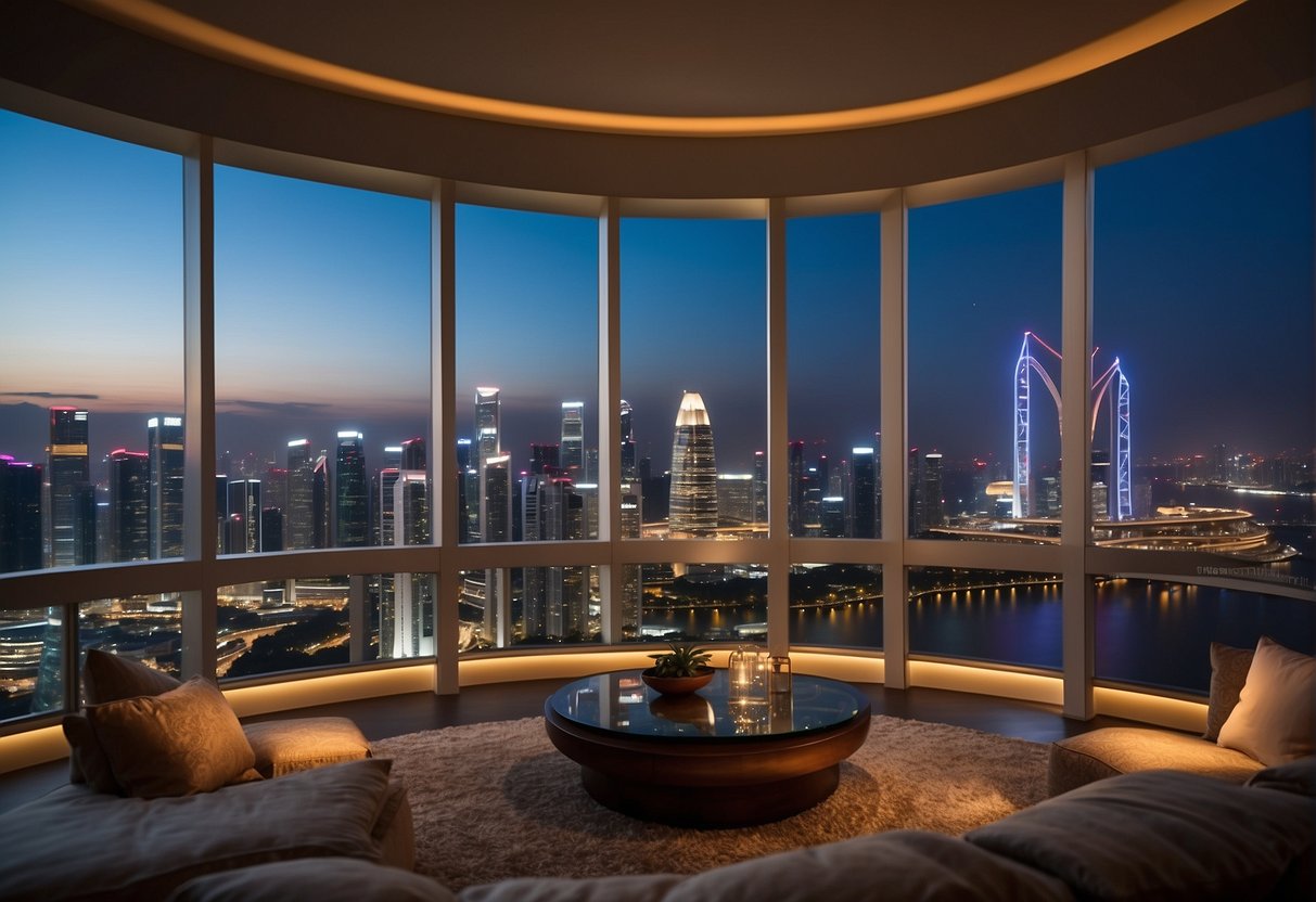 A luxurious Singapore skyline with prominent Airbnb logos and 2024 promotions displayed in bright lights
