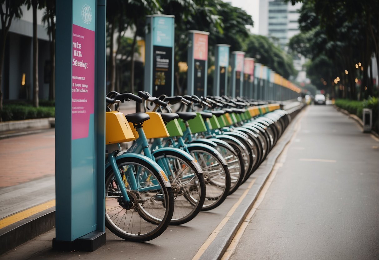 People using bike sharing kiosks in Singapore, with colorful bikes lined up and a promotional banner in the background