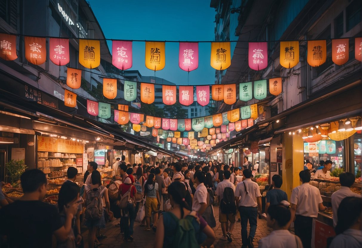A bustling street in Singapore, with colorful banners and signs promoting Basilico. Bright lights illuminate the area, creating a lively and vibrant atmosphere