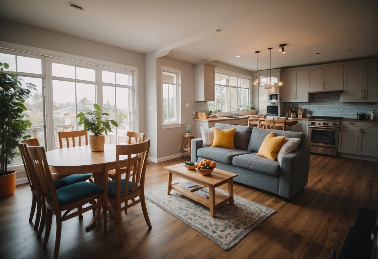 A cozy living room with a large, comfortable couch, a TV, and a selection of board games. A dining area with a table set for a family meal. A bright, spacious kitchen with modern appliances