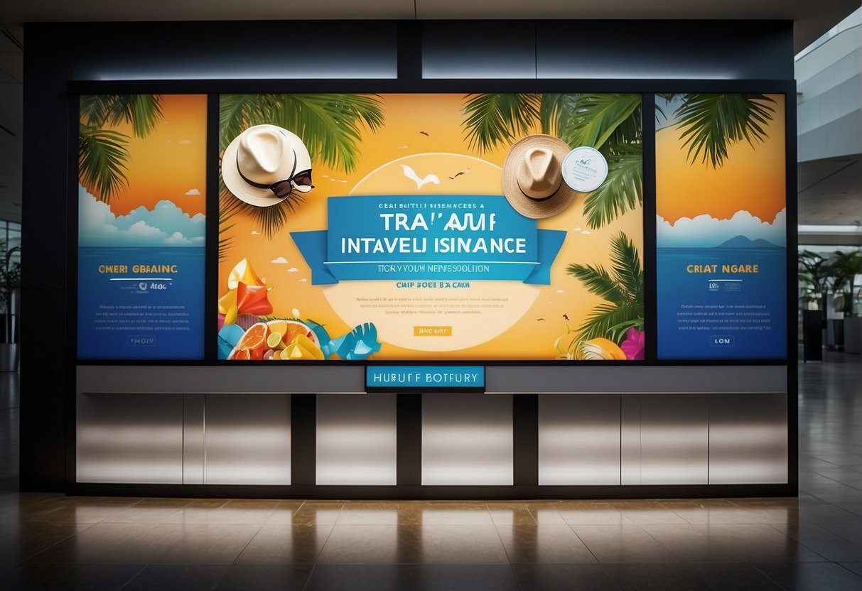 A colorful banner advertises cheap travel insurance in Singapore
