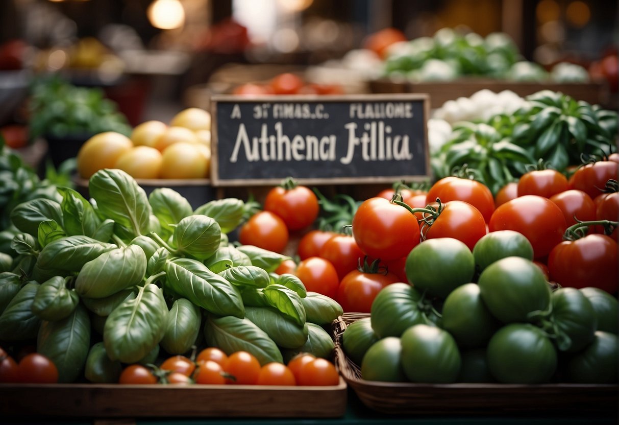 Vibrant market stall with fresh basil, ripe tomatoes, and fragrant garlic. A sign advertises "Authentic Italian Flavours" in bold letters