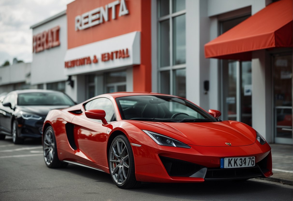 A bright red sports car parked in front of a car rental office with a large promotional sign in the background