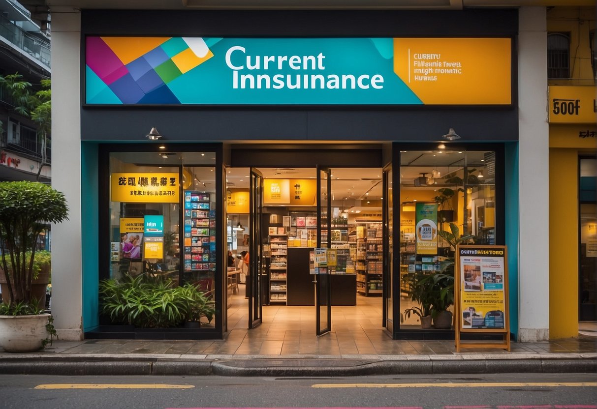 A vibrant travel agency storefront with a large sign advertising "Current Travel Insurance Promotions" in Singapore. Bright colors and enticing graphics draw in potential customers