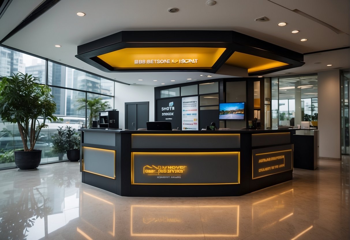 A sleek, modern car rental office in Singapore with bold signage advertising exclusive 2024 promotions. Bright lights and a clean, professional atmosphere