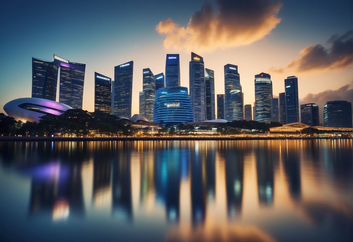 A vibrant Singapore skyline with iconic landmarks, surrounded by bustling streets and modern buildings, with an American Express logo prominently displayed