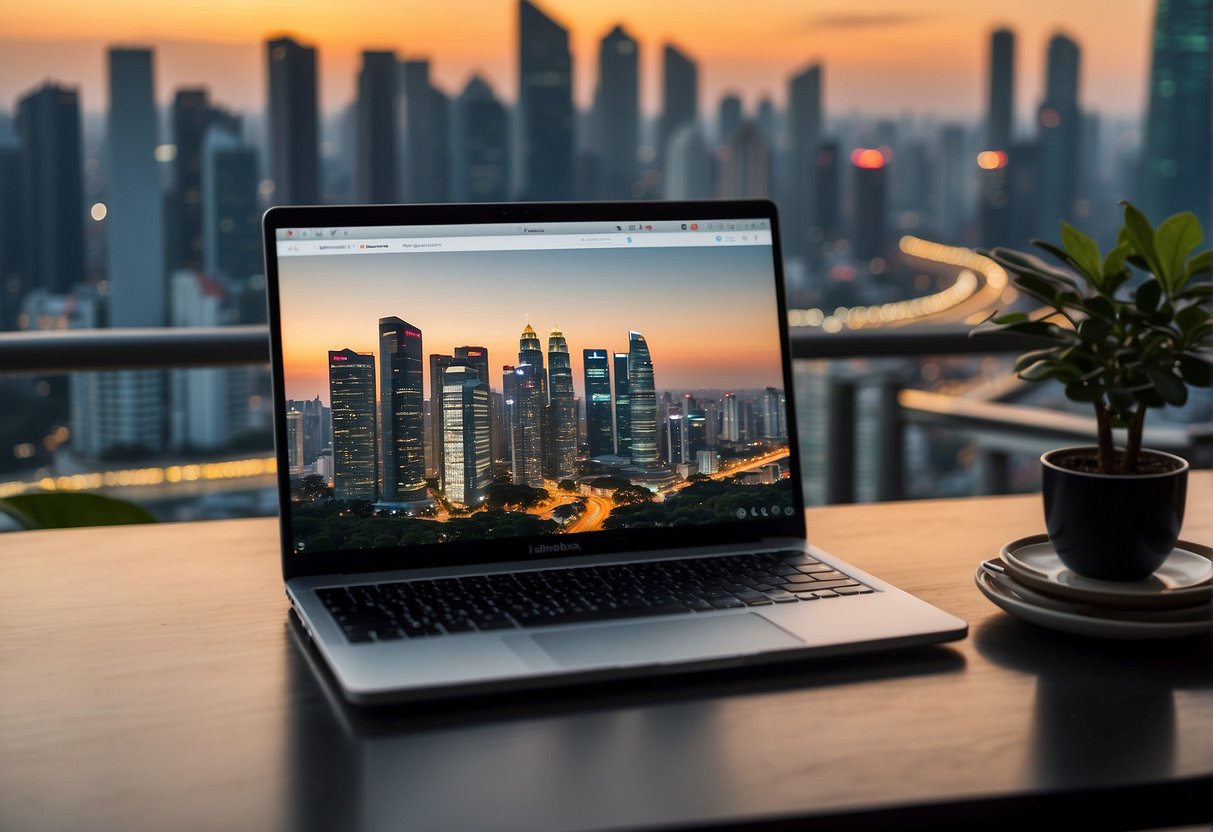 A laptop displaying "Frequently Asked Questions" on an Airbnb promotions page, with the Singapore skyline in the background