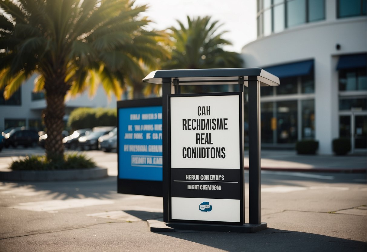 A car rental promotion sign displayed prominently outside a rental agency, with terms and conditions listed clearly in bold lettering