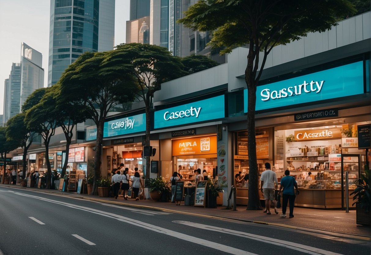 A bustling Singapore street with vibrant Casetify promotions displayed on storefronts and billboards