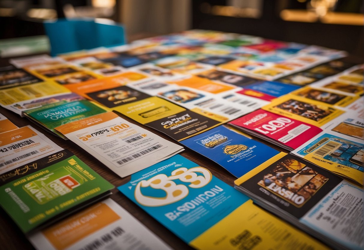 A table filled with colorful promotional flyers and discount vouchers at Basilico promotions in Singapore