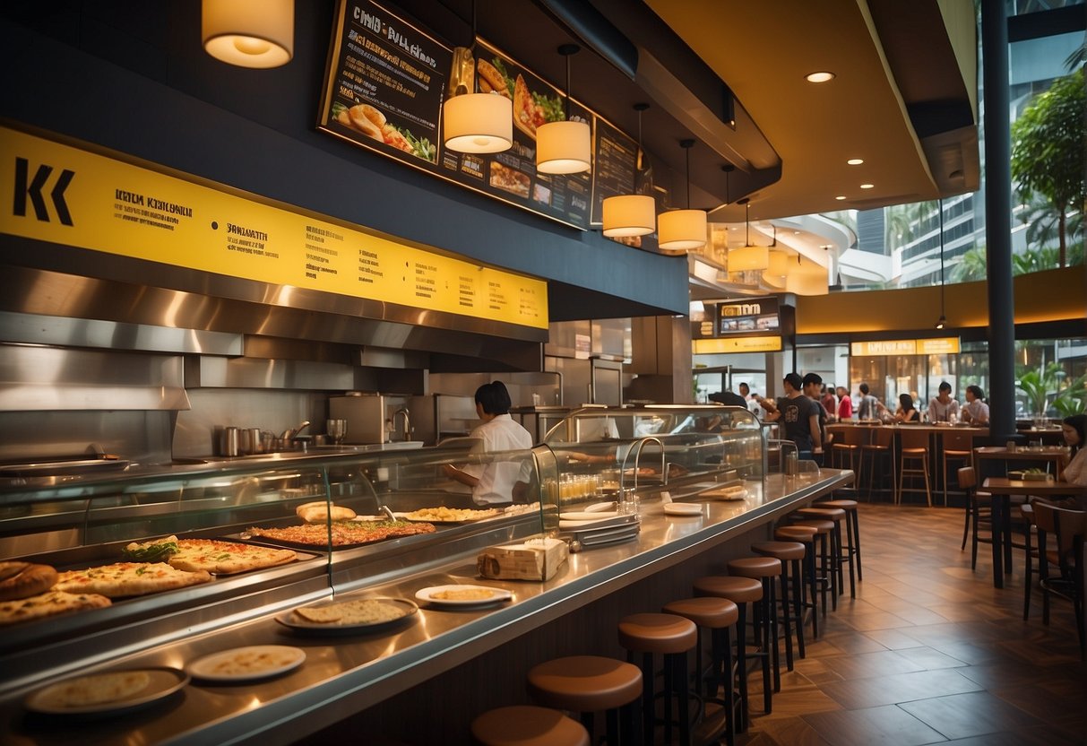 A bustling California Pizza Kitchen in Singapore with colorful promotional displays and a crowd of diners enjoying special offers