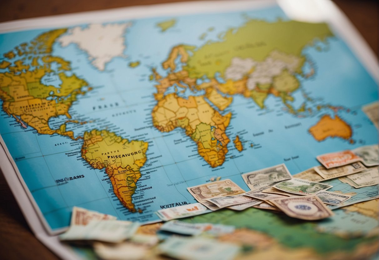 Colorful postcards, airplane tickets, and tropical souvenirs scattered around a world map with a "Free Travel Insurance" sign in the background