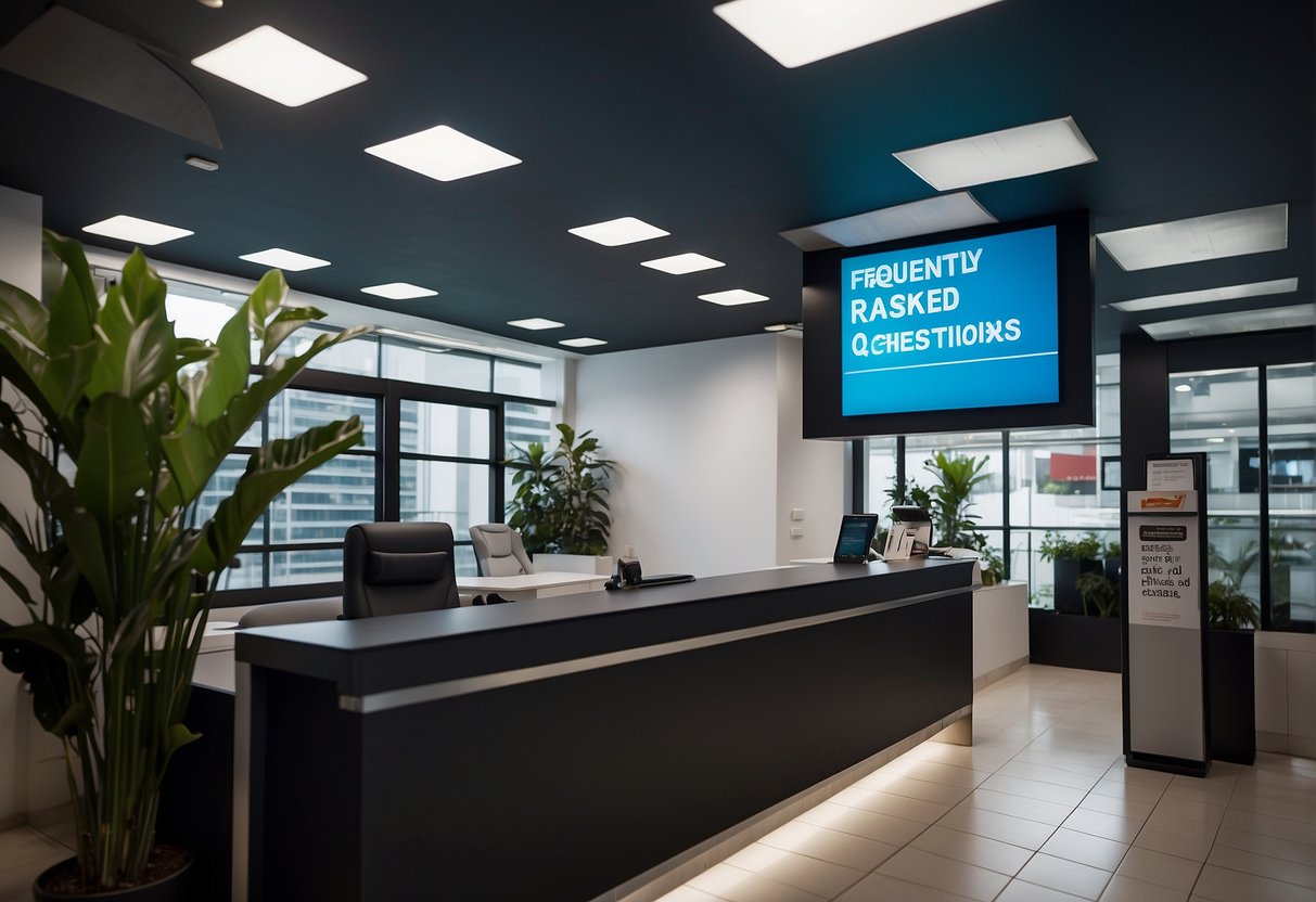 A car rental office with a sign promoting "Frequently Asked Questions" in Singapore. Cars and customers in the background