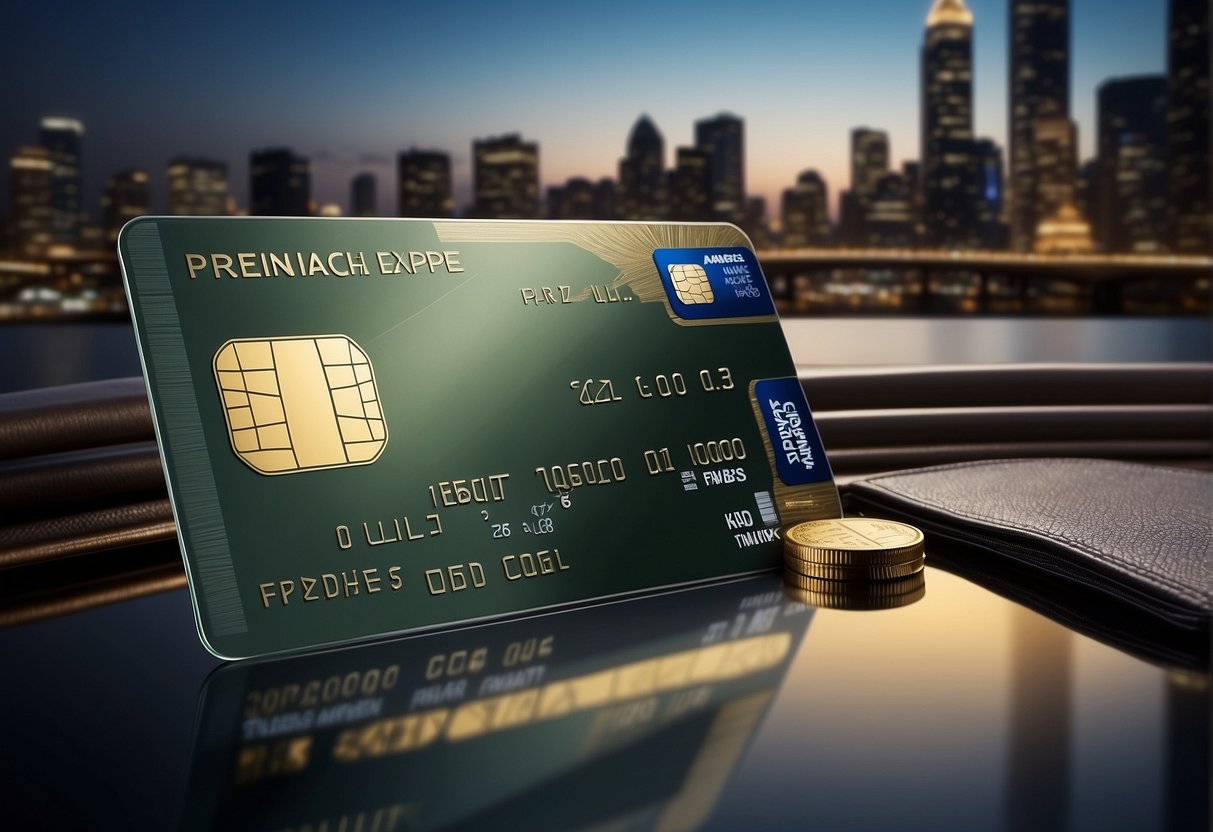 A sleek, modern credit card surrounded by luxury items and a city skyline, with the American Express logo prominently displayed