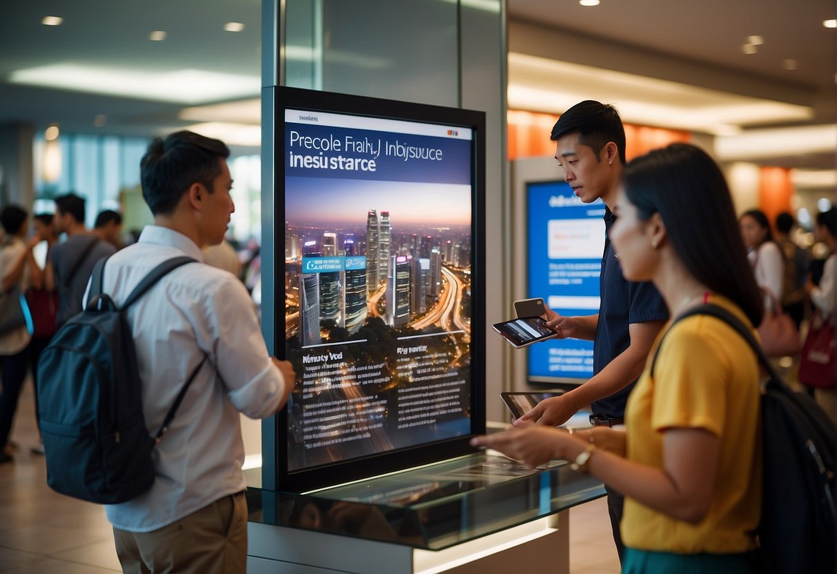 A group of people browsing through a promotional display of cheap travel insurance in Singapore, with a sign displaying "Frequently Asked Questions" prominently