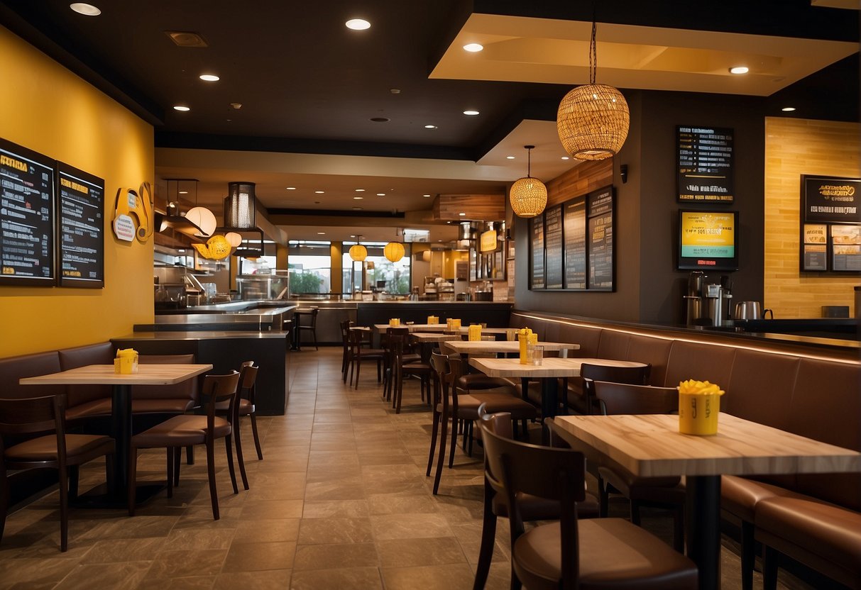 A vibrant restaurant interior with colorful signage promoting the latest promotions at California Pizza Kitchen. Tables are set with menus and the atmosphere is lively