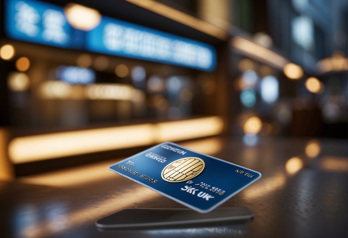 A bustling restaurant with American Express signage, surrounded by iconic Singapore landmarks and a traveler using an American Express card
