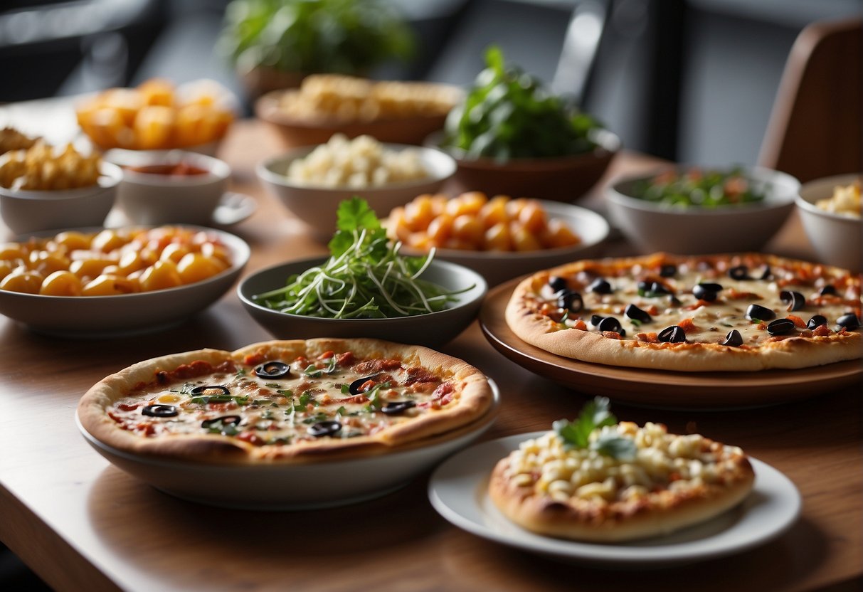 A table set with an assortment of savory dishes, including gourmet pizzas and appetizers, ready for a lunch gathering
