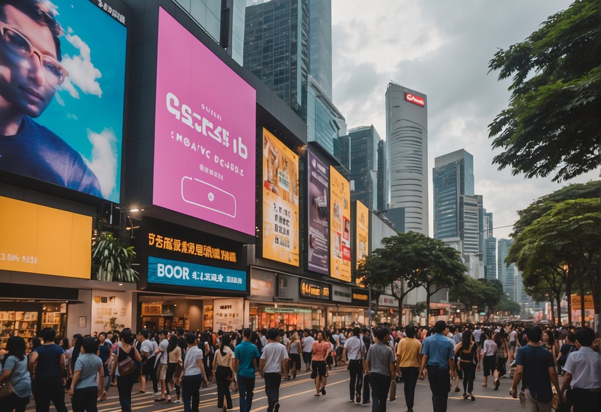 A bustling city street with a prominent Casetify store front, surrounded by vibrant promotional banners and a crowd of eager shoppers in Singapore