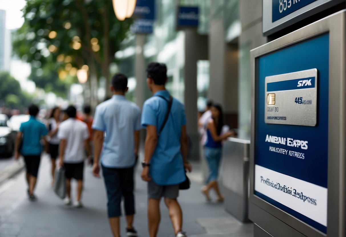 An American Express promotion sign displayed in a bustling Singapore street, with people passing by and taking notice
