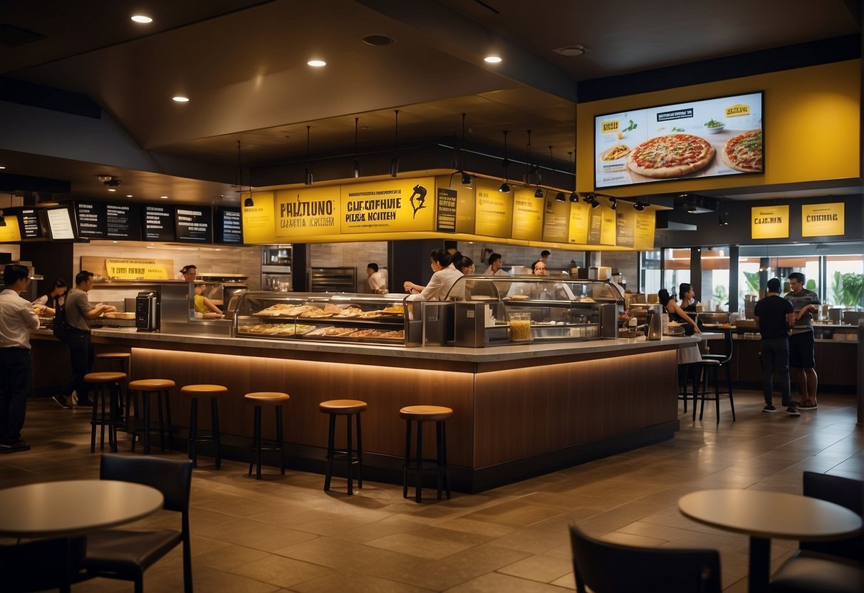 A bustling restaurant with colorful banners advertising California Pizza Kitchen promotions in Singapore. Customers line up at the counter while staff members busily prepare orders
