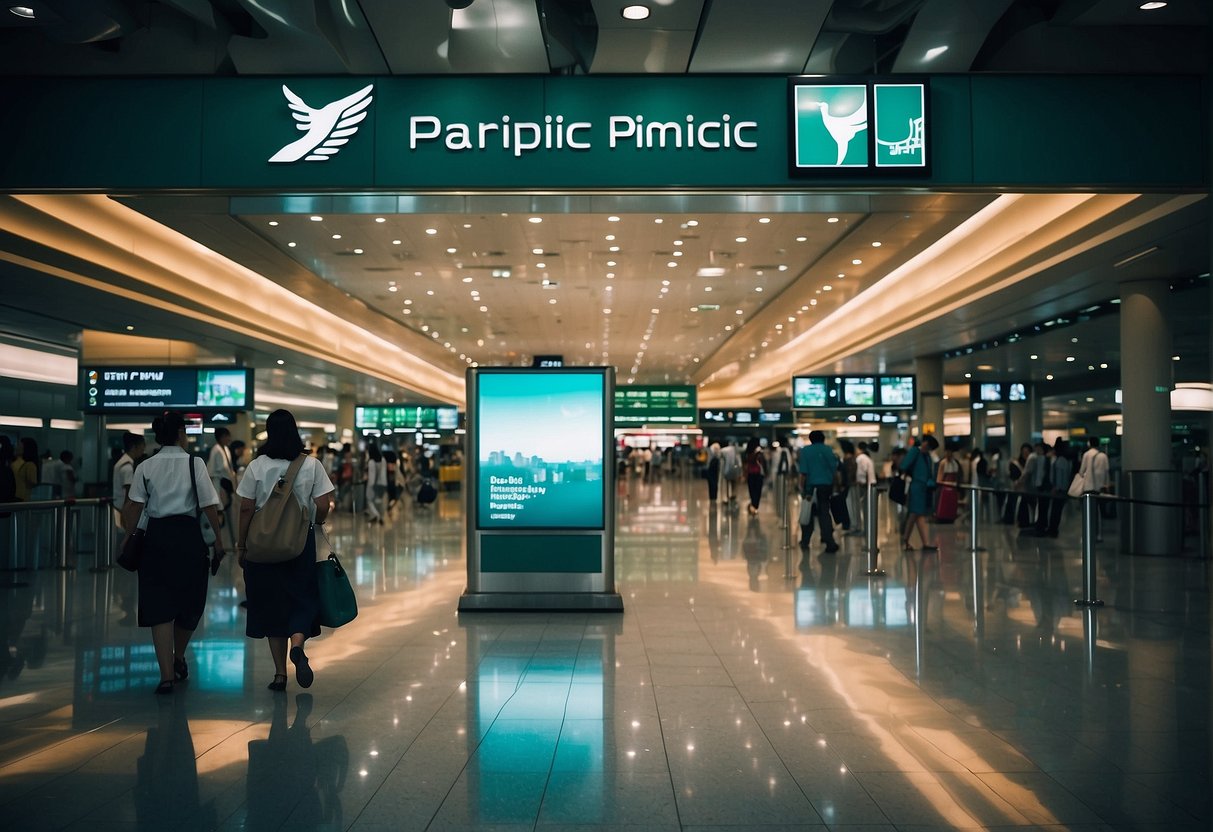 A bustling airport terminal with a prominent Cathay Pacific promotions display in Singapore. Bright, eye-catching visuals and enticing offers draw in travelers