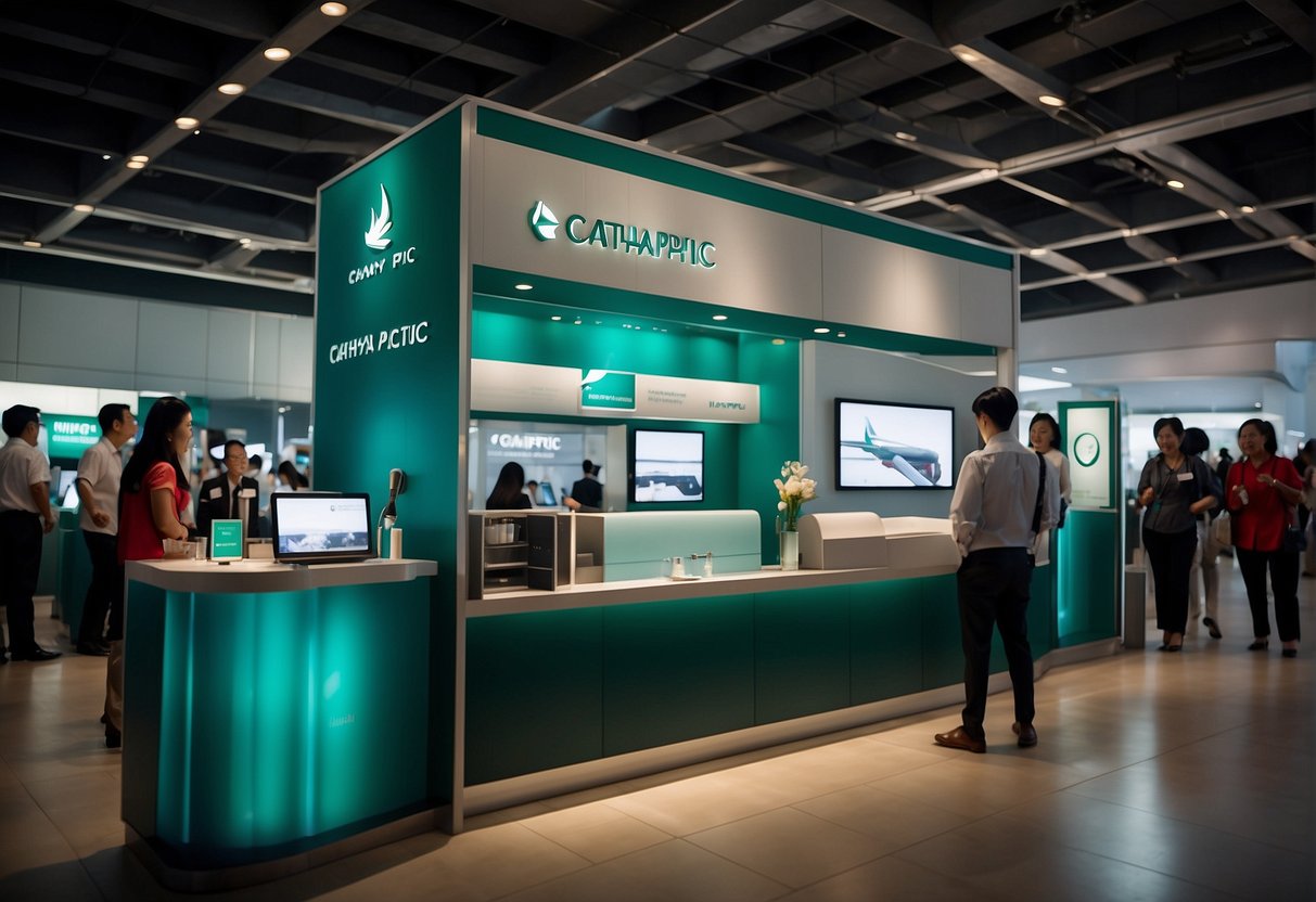 The scene showcases a sleek and modern Cathay Pacific promotions booth in Singapore, with vibrant promotional materials and enthusiastic staff engaging with potential customers