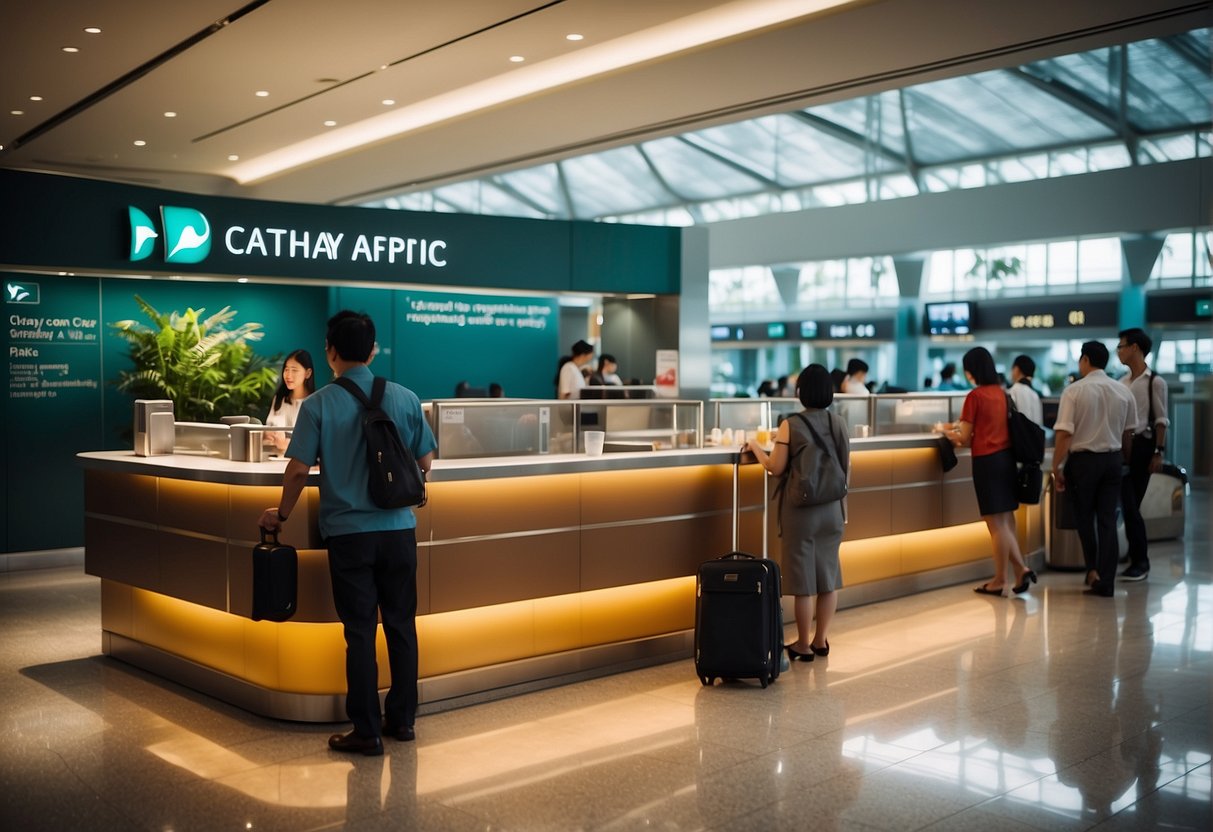 Passengers enjoying exclusive perks and promotions at Cathay Pacific counter in Singapore airport. Brightly lit and modern decor with friendly staff assisting travelers