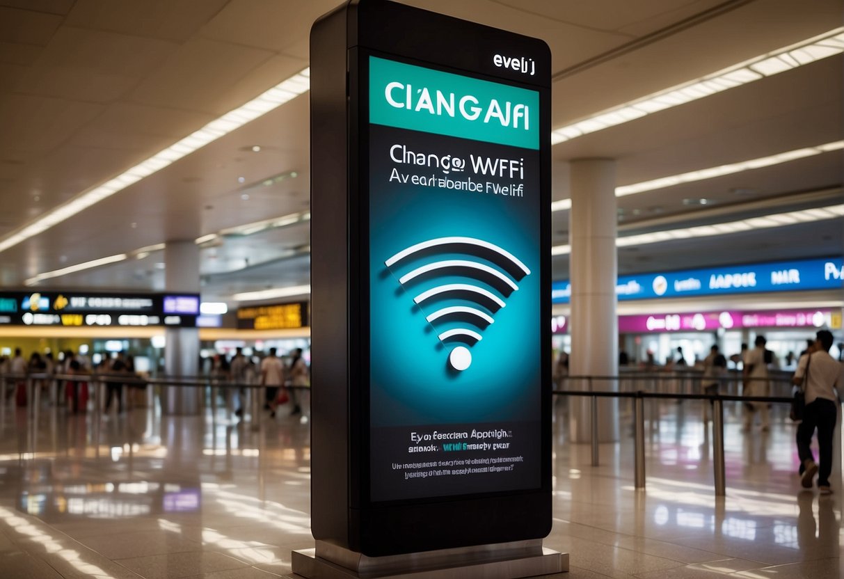 A colorful sign advertising Changi WiFi promotions in Singapore, with vibrant graphics and bold text, displayed prominently in a bustling airport terminal