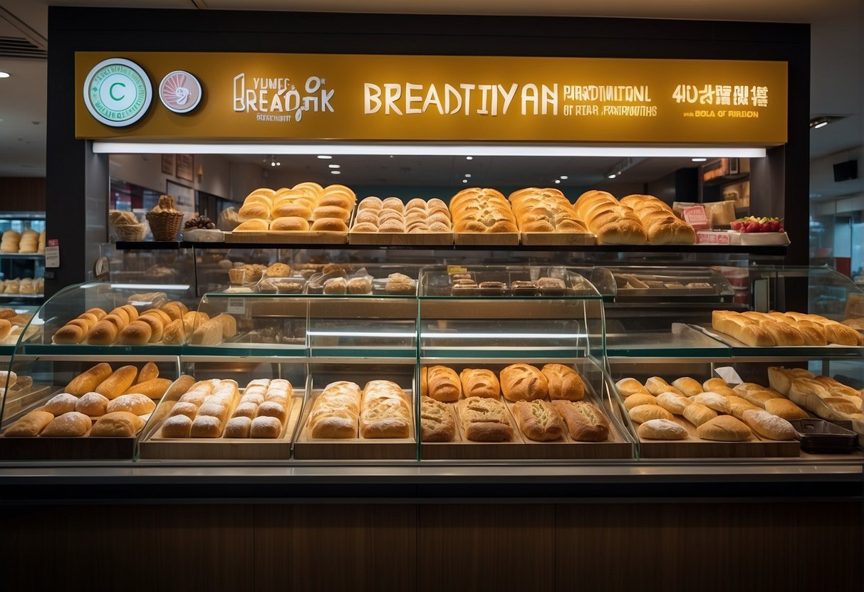 A display of various BreadTalk promotions in a bustling Singapore bakery, with colorful signage and enticing food items