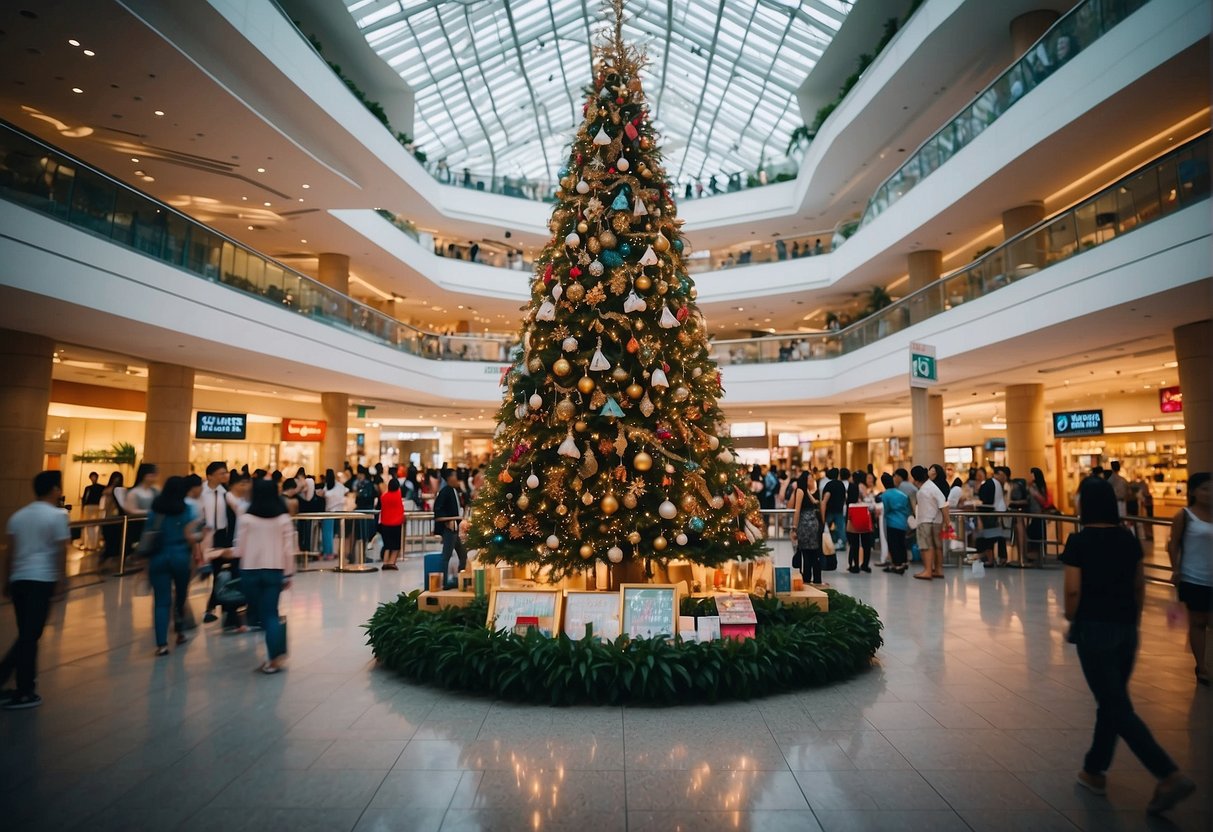 A festive Christmas tree surrounded by colorful decorations and promotional signs in a bustling Singapore shopping mall