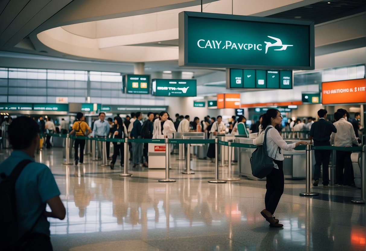 A bustling airport terminal with a prominent Cathay Pacific promotions booth, surrounded by excited travelers and colorful signage