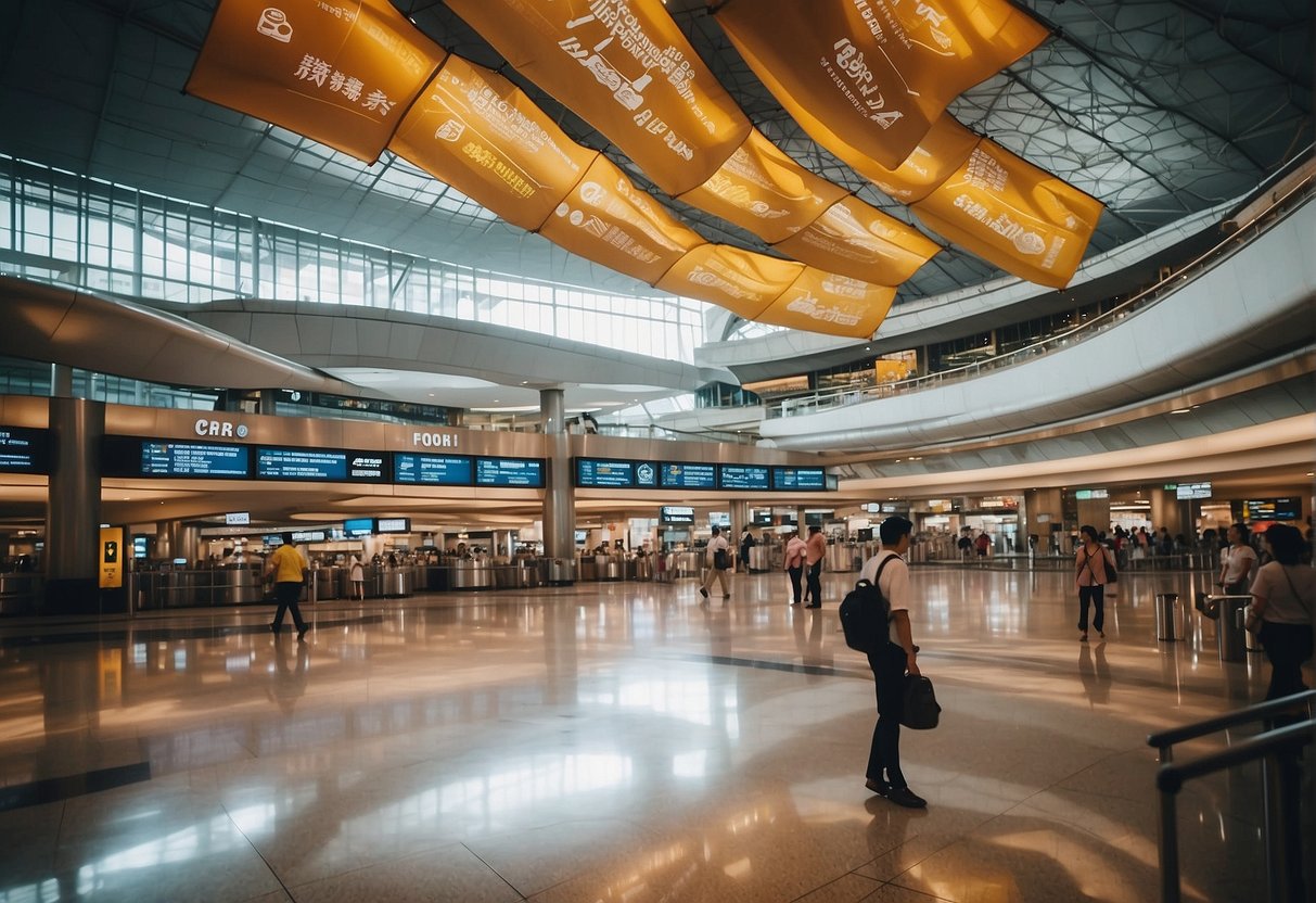 A bustling airport terminal with colorful promotional banners and signs, showcasing Changi Airport's wifi promotions and Singapore souvenirs