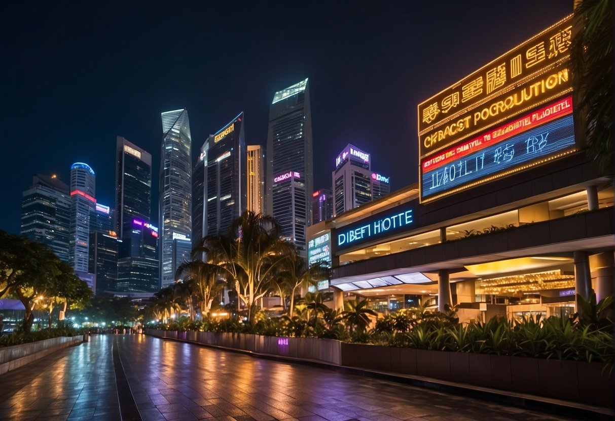 A vibrant sign advertises "cheapest hotel promotions" in Singapore. The hotel's exterior is lit up with colorful lights, and a bustling cityscape provides a lively backdrop