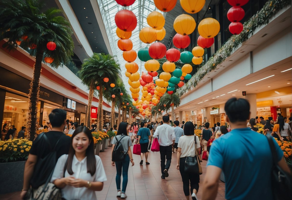 Shoppers flock to bustling malls, adorned with festive decorations and colorful banners, showcasing epic Christmas promotions in Singapore