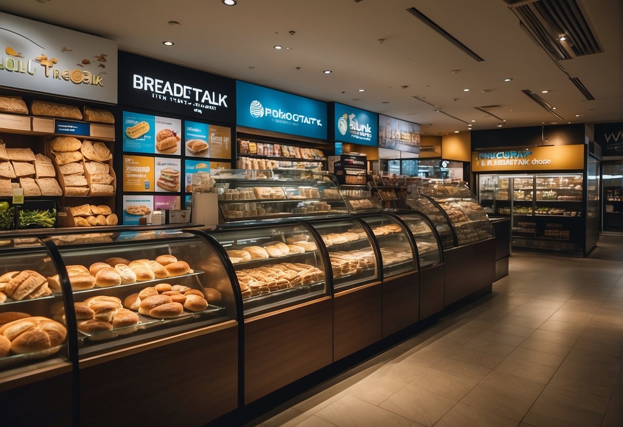 A colorful display of promotional signs and banners at BreadTalk in Singapore