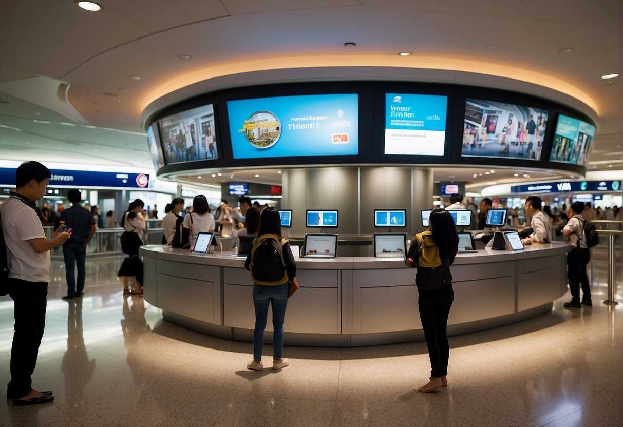 Passengers using Changi Airport's wifi, browsing on their devices with promotional banners in the background