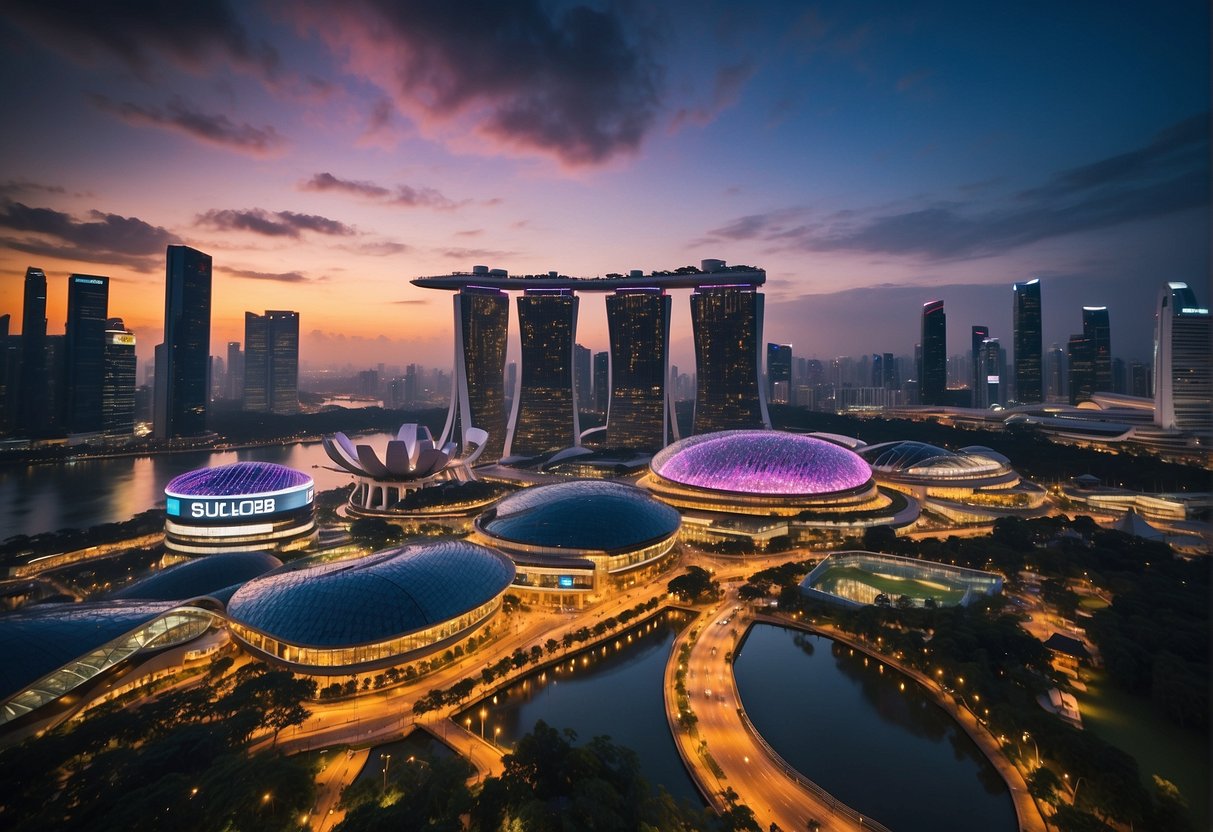 A vibrant cityscape of Singapore with prominent hotel signs advertising the latest promotions, set against a backdrop of bustling streets and colorful lights